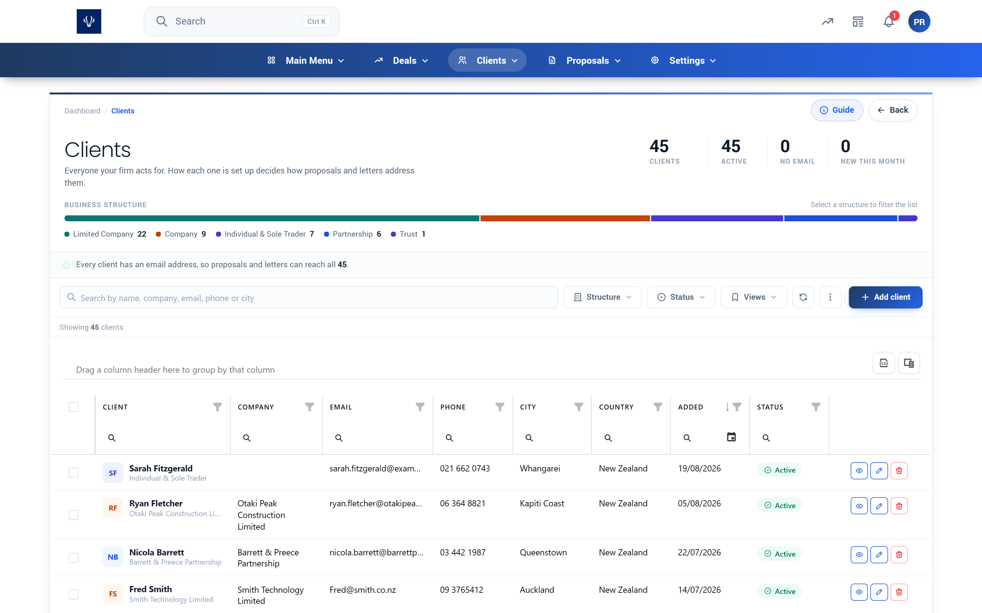 Proffa screenshot: 2.  The Client List