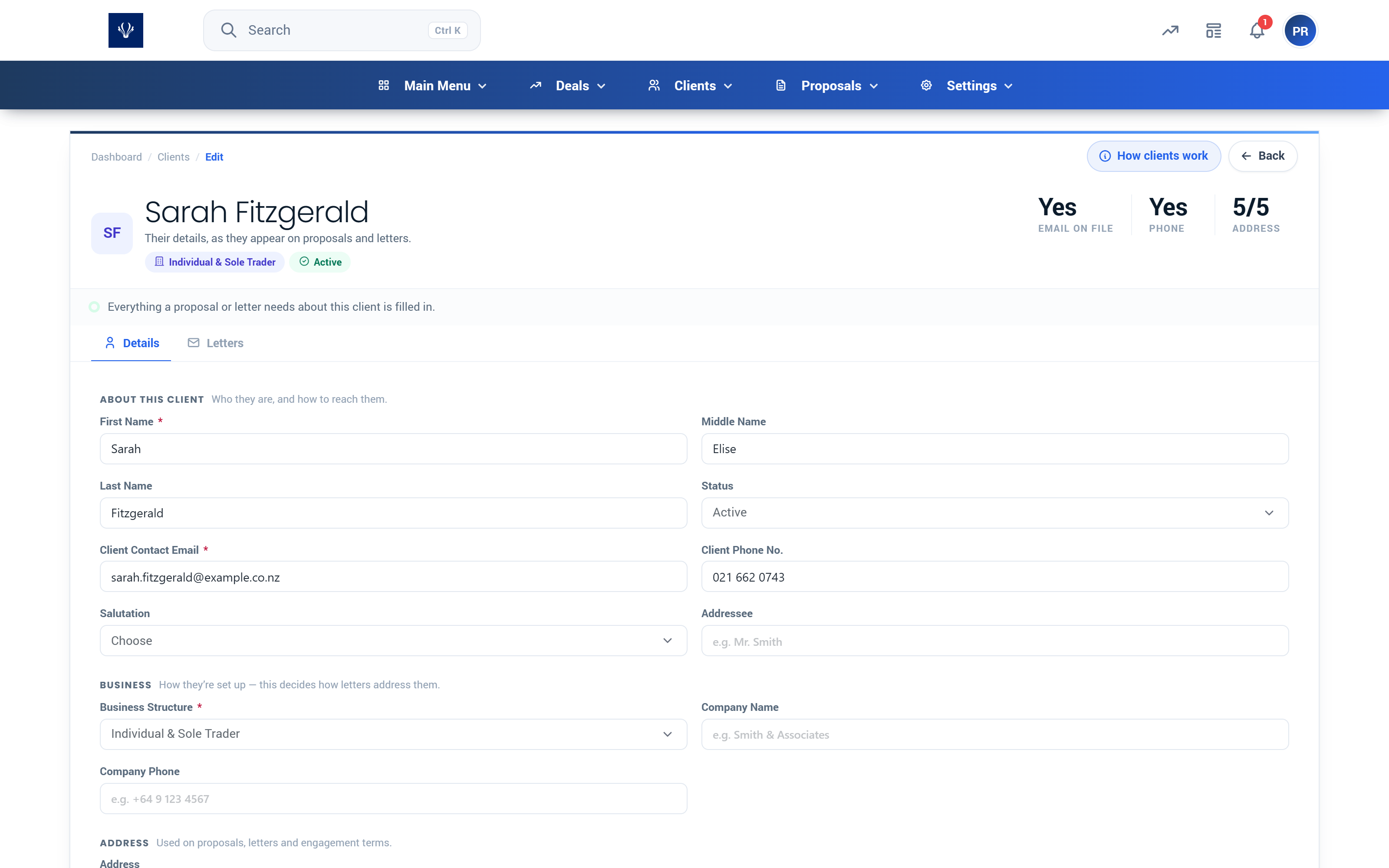 Proffa screenshot: 3.  Opening a Client Record