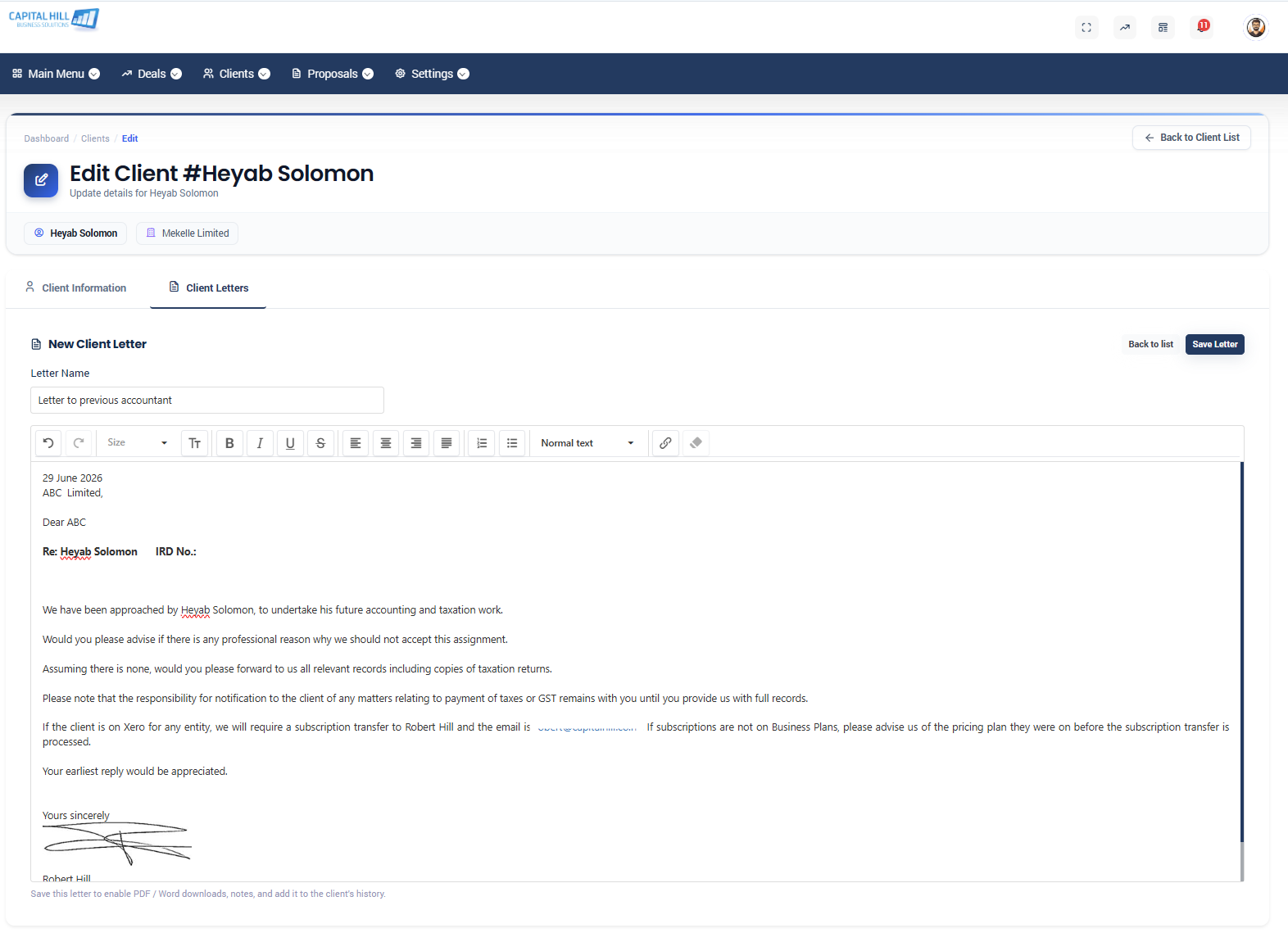 Proffa screenshot: 3.2  Client Letters tab