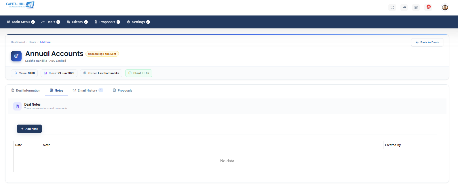 Proffa screenshot: 8.  Notes & Email History