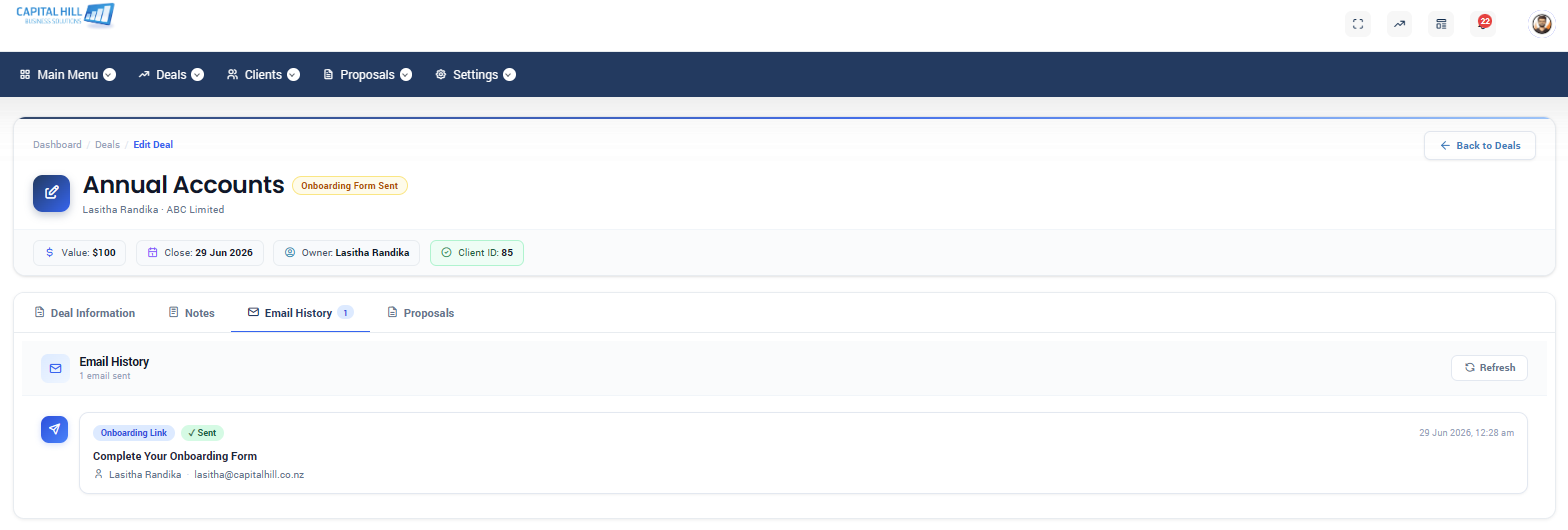 Proffa screenshot: 8.  Notes & Email History