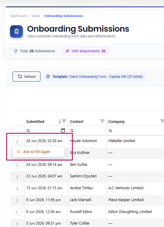 Proffa screenshot: 9. Onboarding Submissions