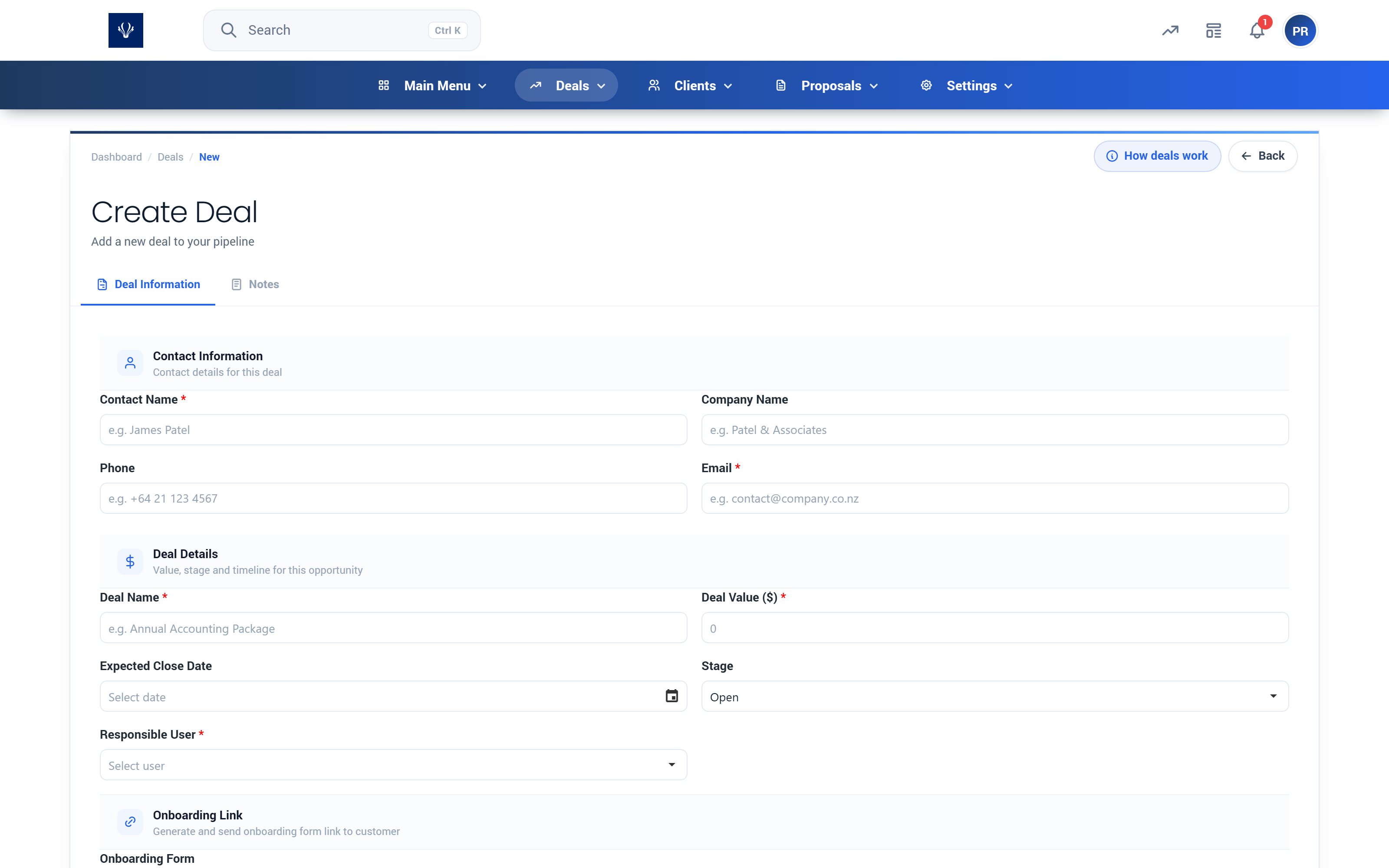 Figure 2: The Create Deal form (Deal Information tab).