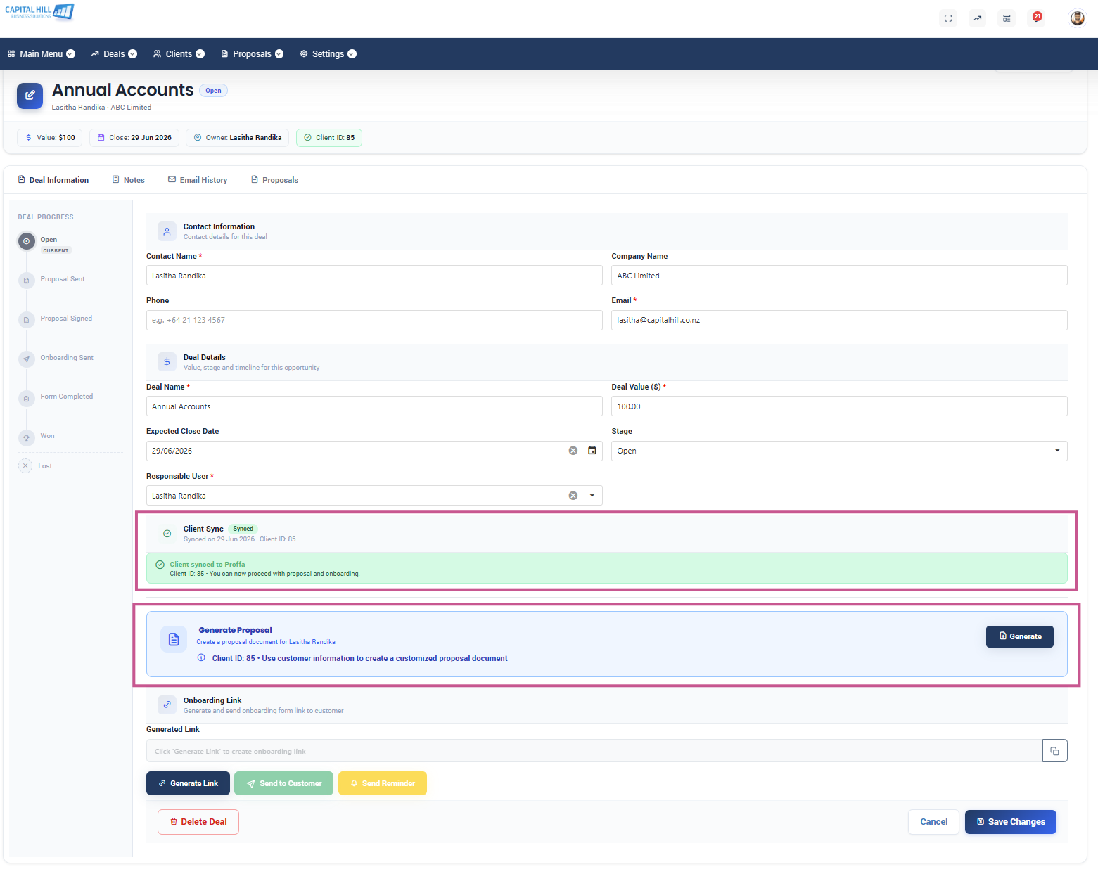 Figure 5: The Generate Proposal action (Deal Information / Proposals tab).