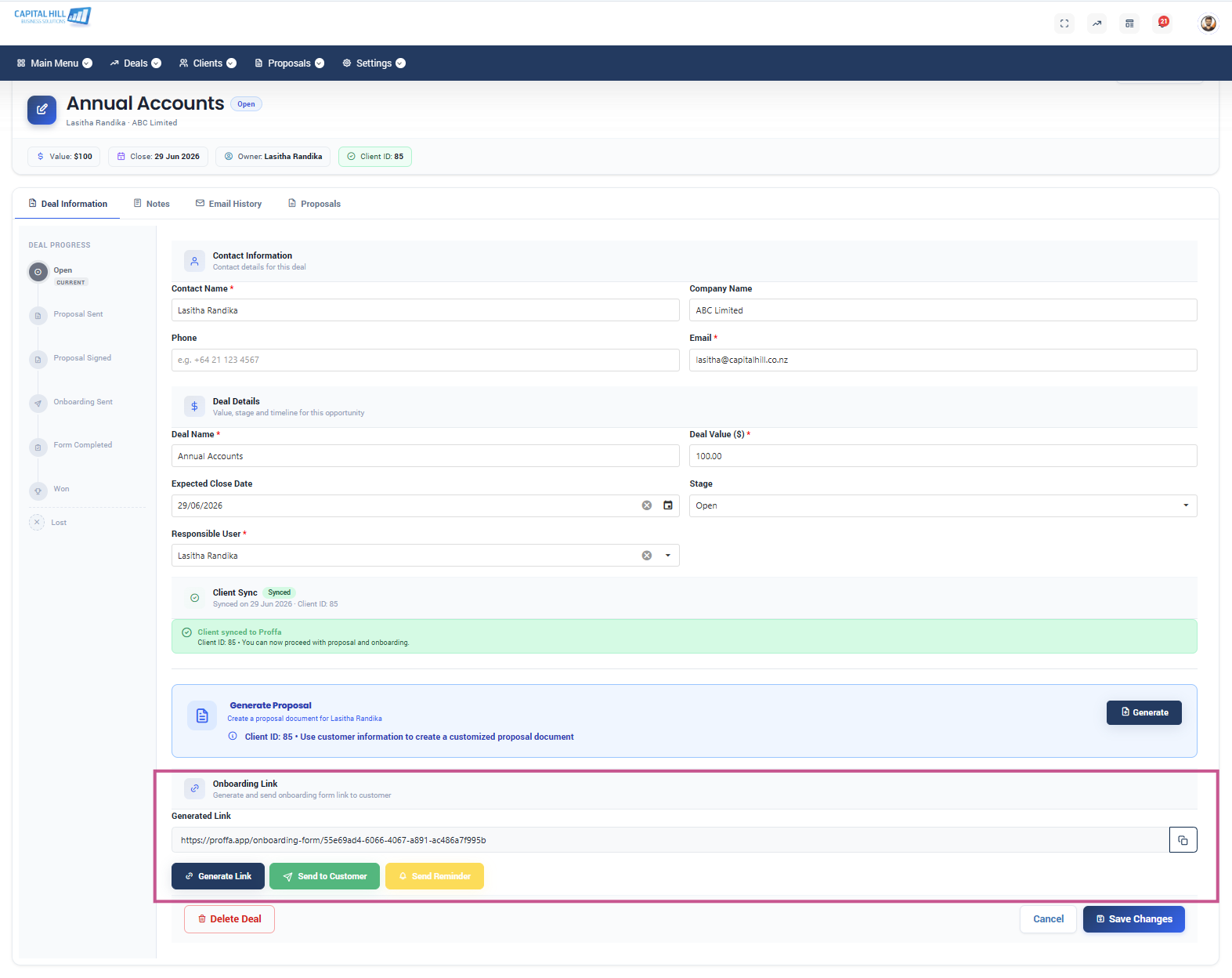 Figure 6: The onboarding link panel (Generate Link, Copy, Send Email).