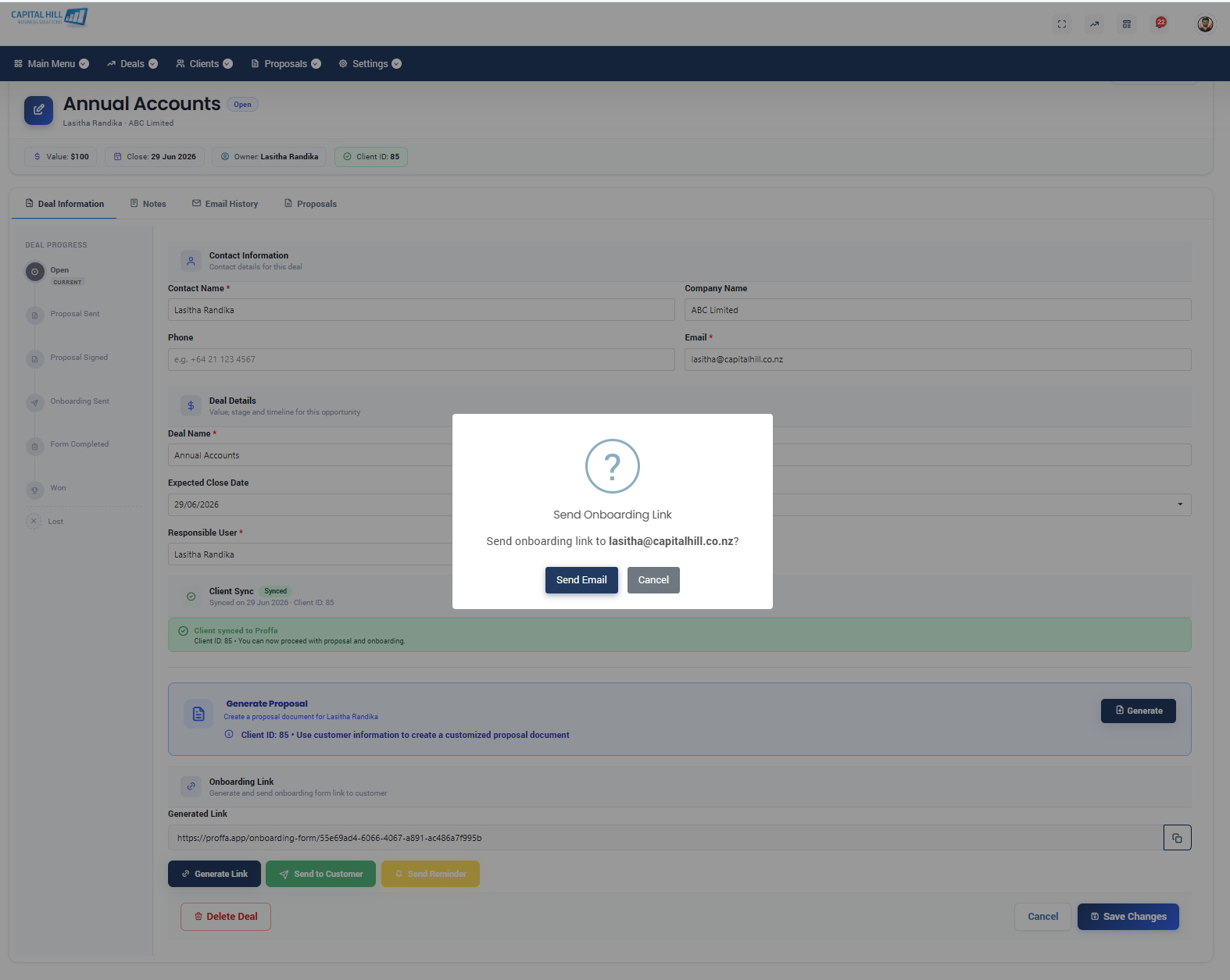 Proffa screenshot: 7.2  The email the client receives