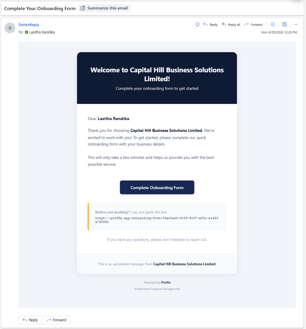 Proffa screenshot: 7.2  The email the client receives