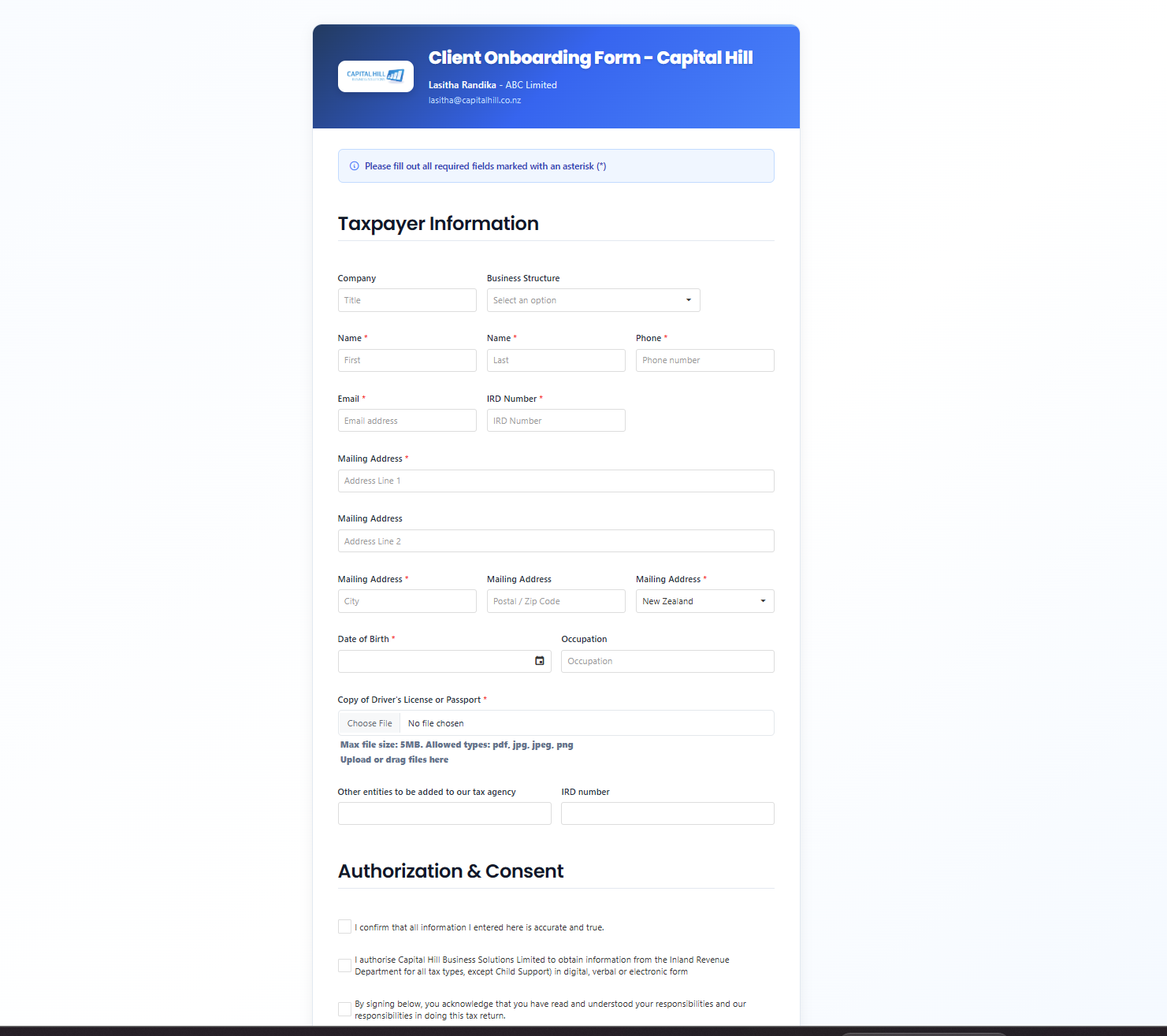 Proffa screenshot: 7.3  How the client fills in and submits the form