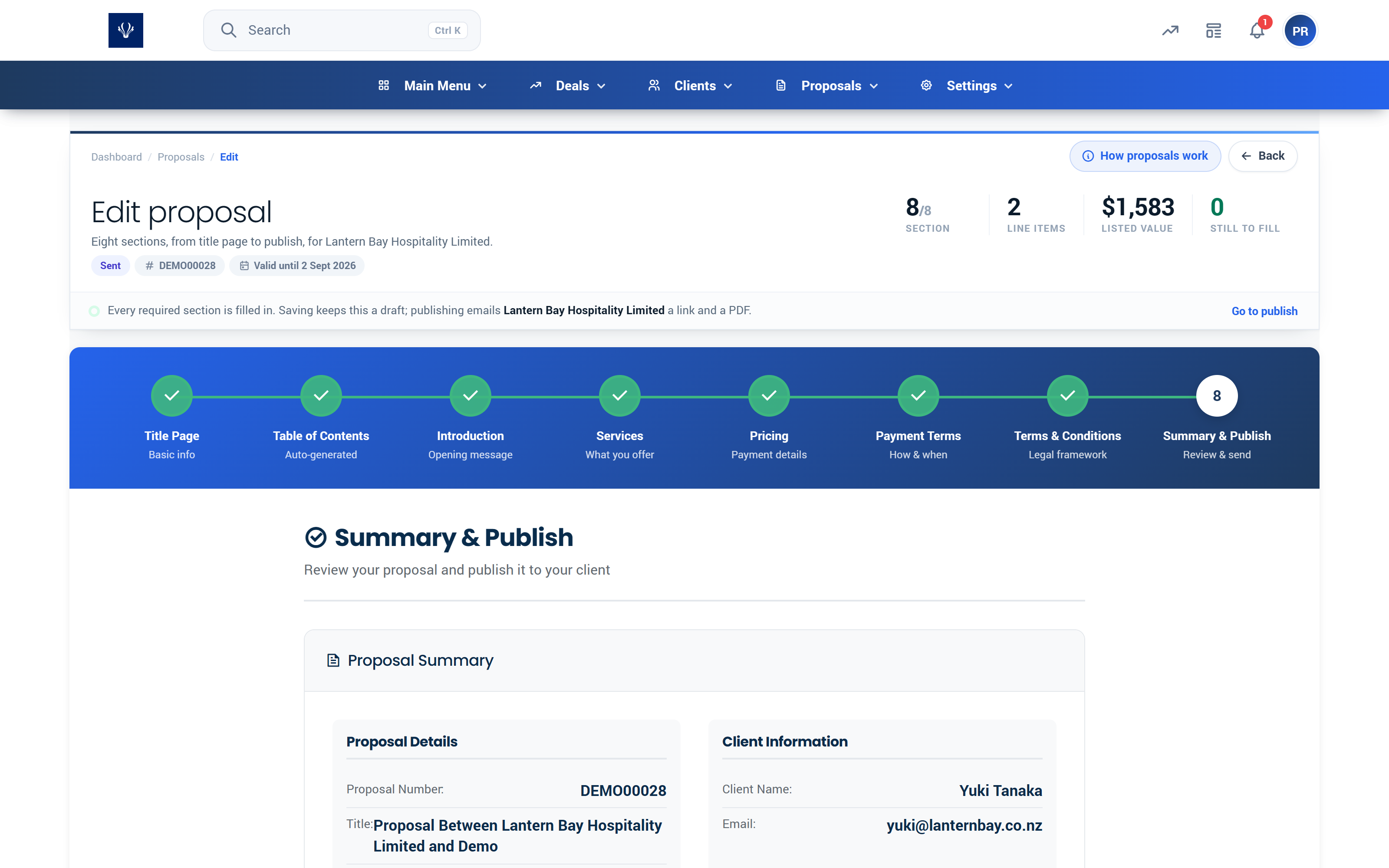 Proffa screenshot: 4.  Reviewing, Publishing & Sending