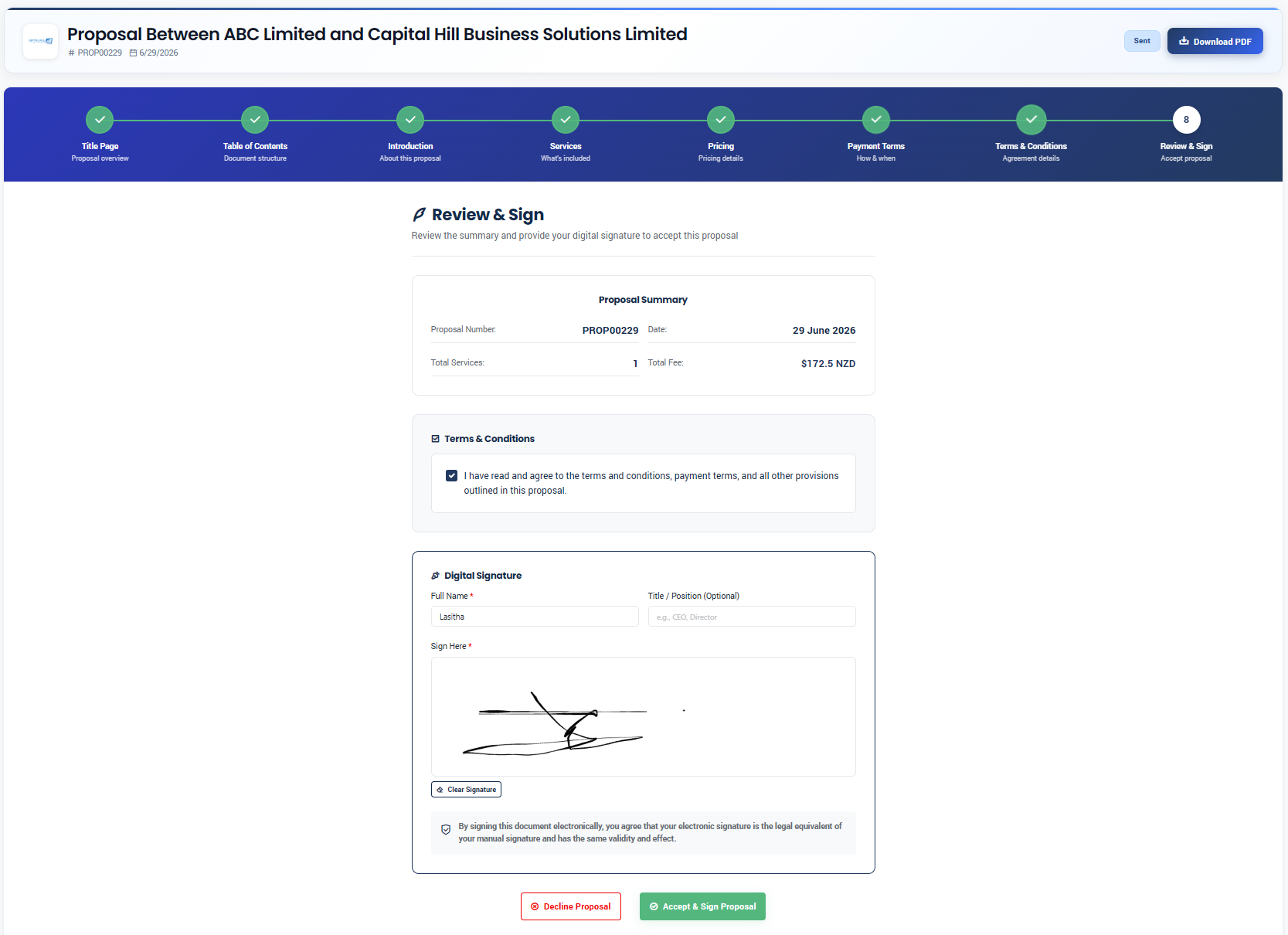 Proffa screenshot: 5.  What the Client Sees & How They Sign