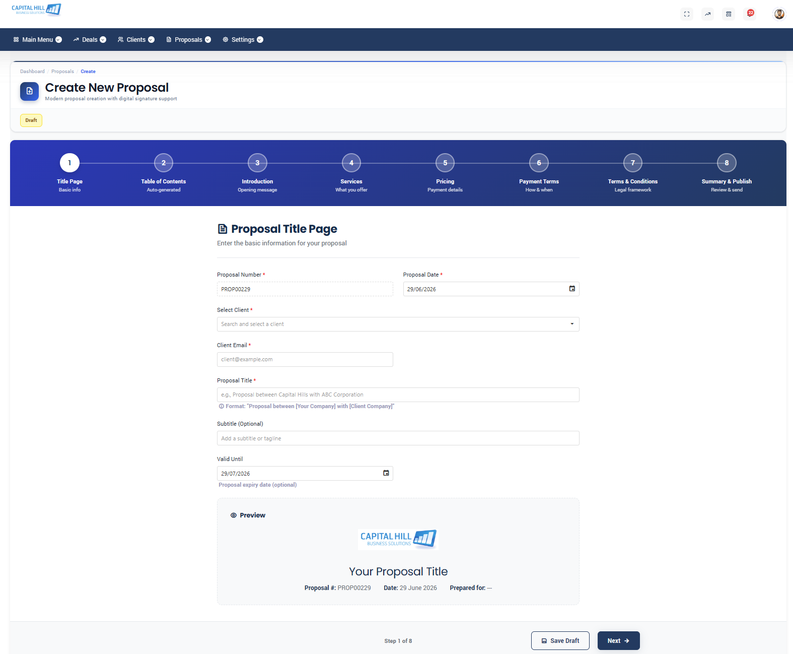 Proffa screenshot: 3.  Building a Proposal, the Step-by-Step Wizard