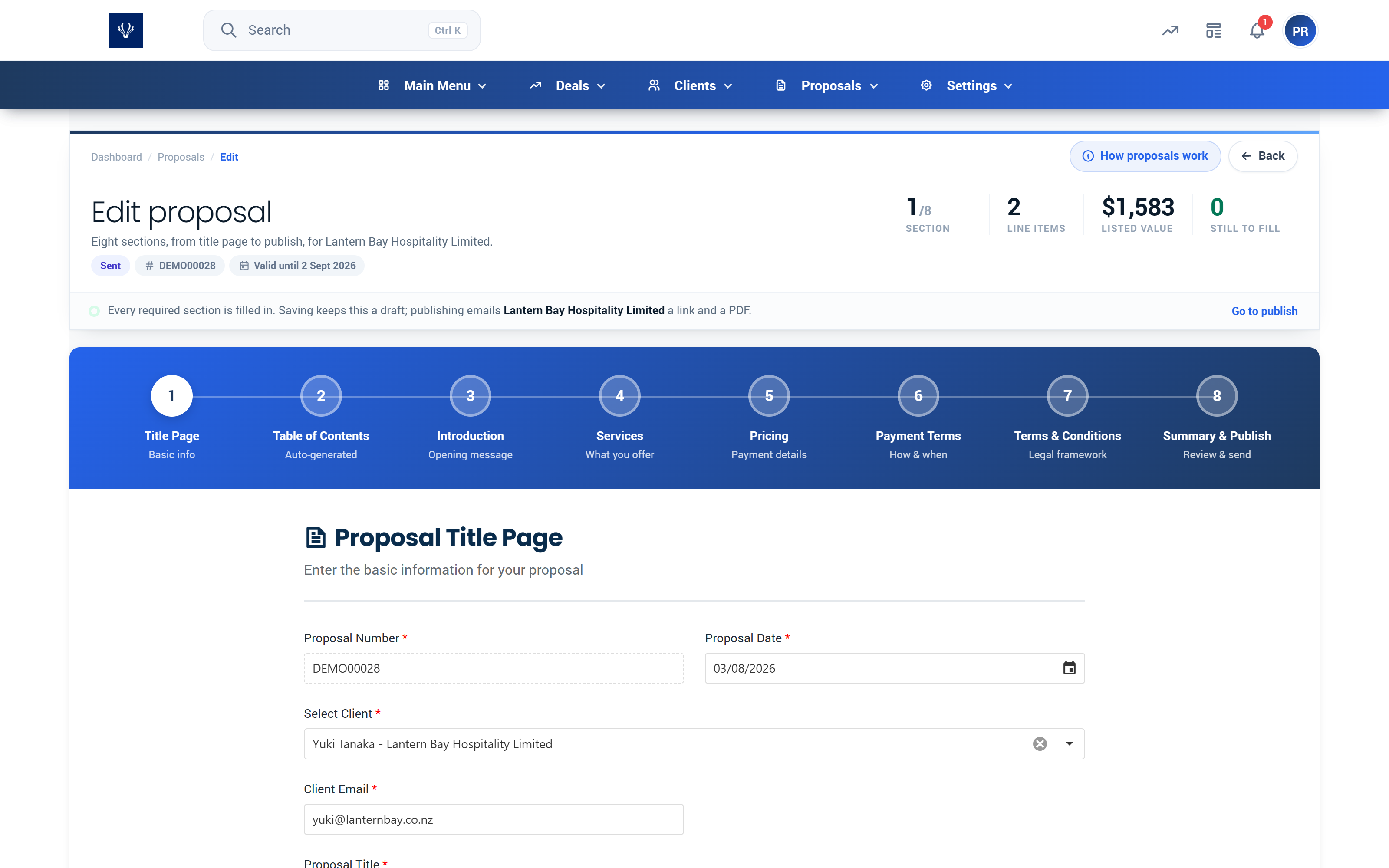 Proffa screenshot: 3.1  Step 1, Title Page