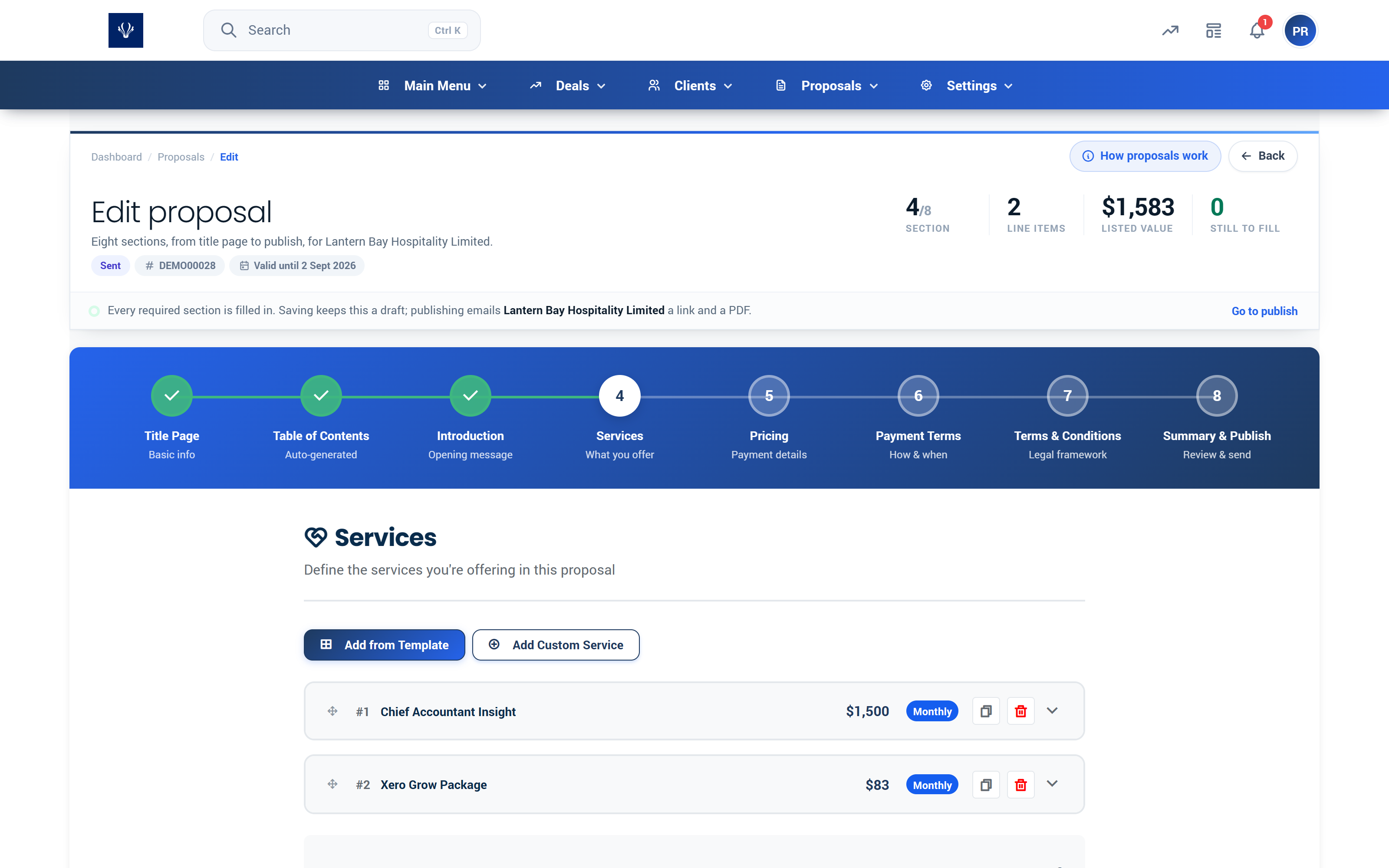Proffa screenshot: 3.4  Step 4, Services (the heart of the proposal)