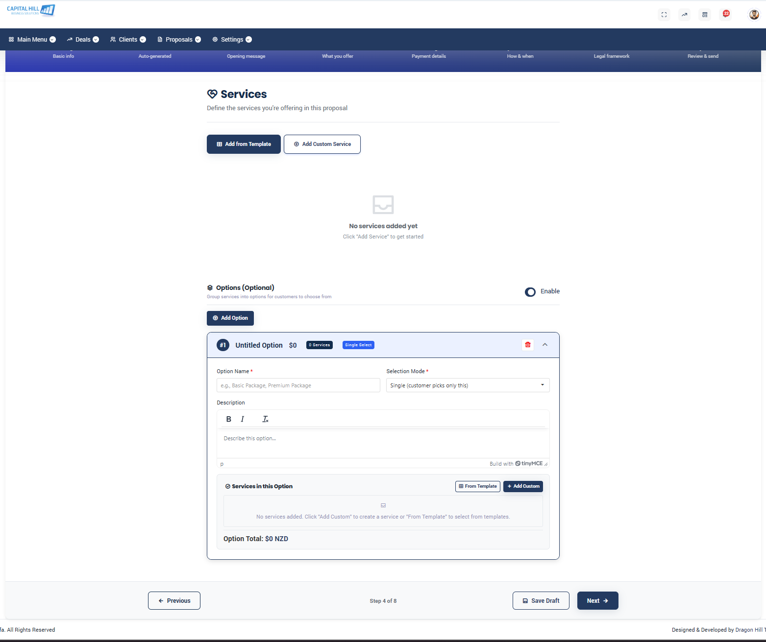 Proffa screenshot: Grouping services into Options or Packages