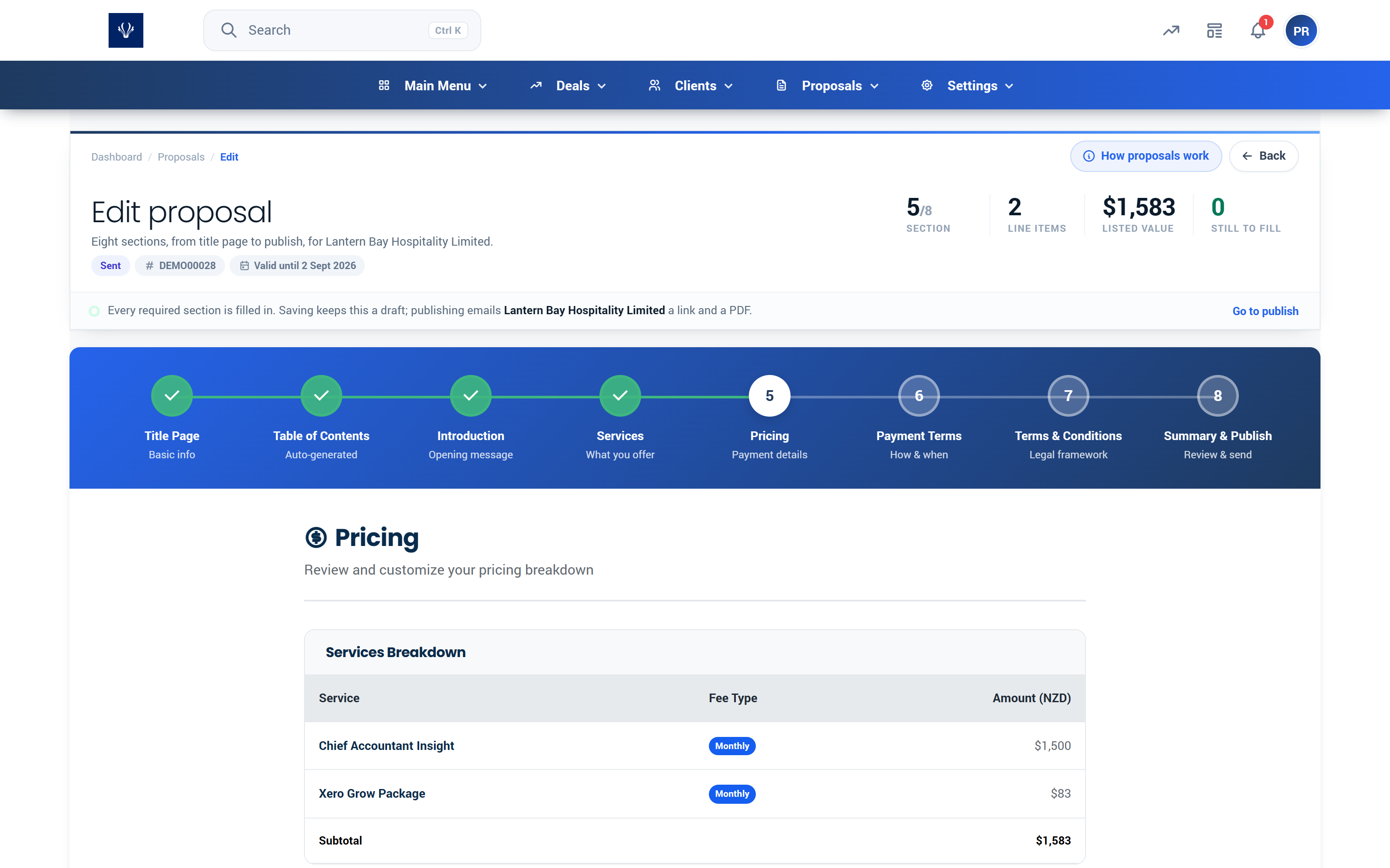 Proffa screenshot: 3.5  Step 5, Pricing