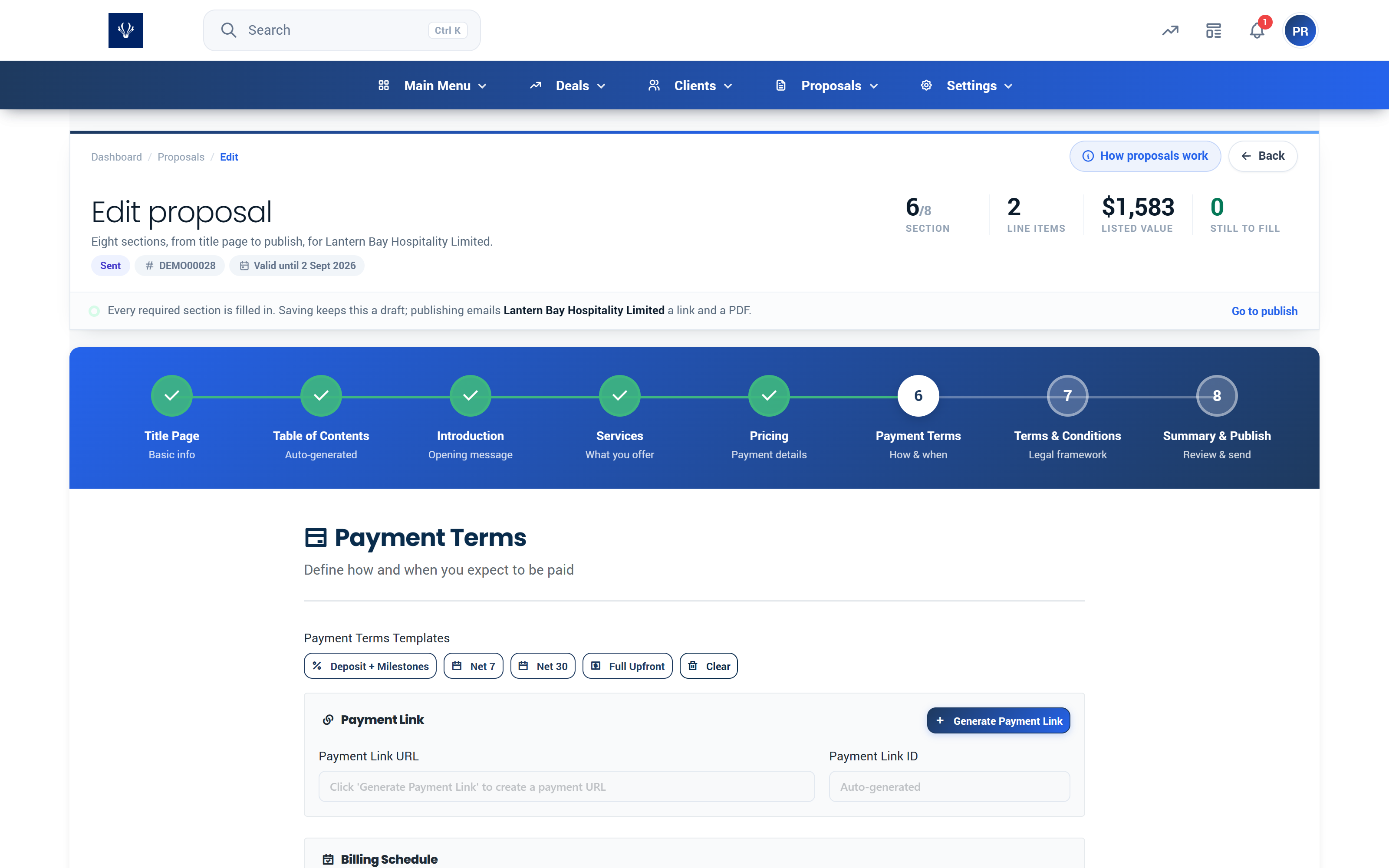 Proffa screenshot: 3.6  Step 6, Payment Terms