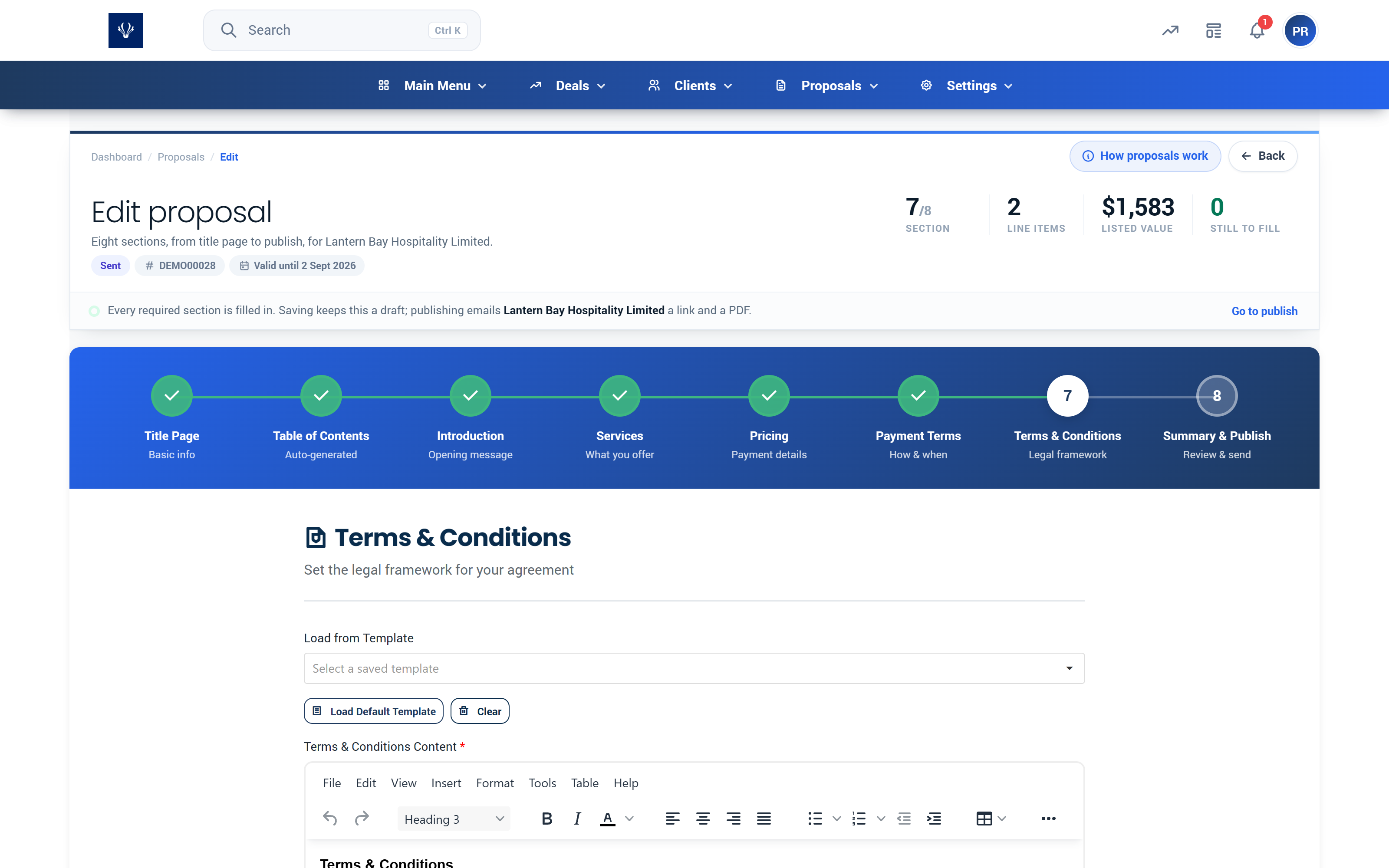 Proffa screenshot: 3.7  Step 7, Terms & Conditions