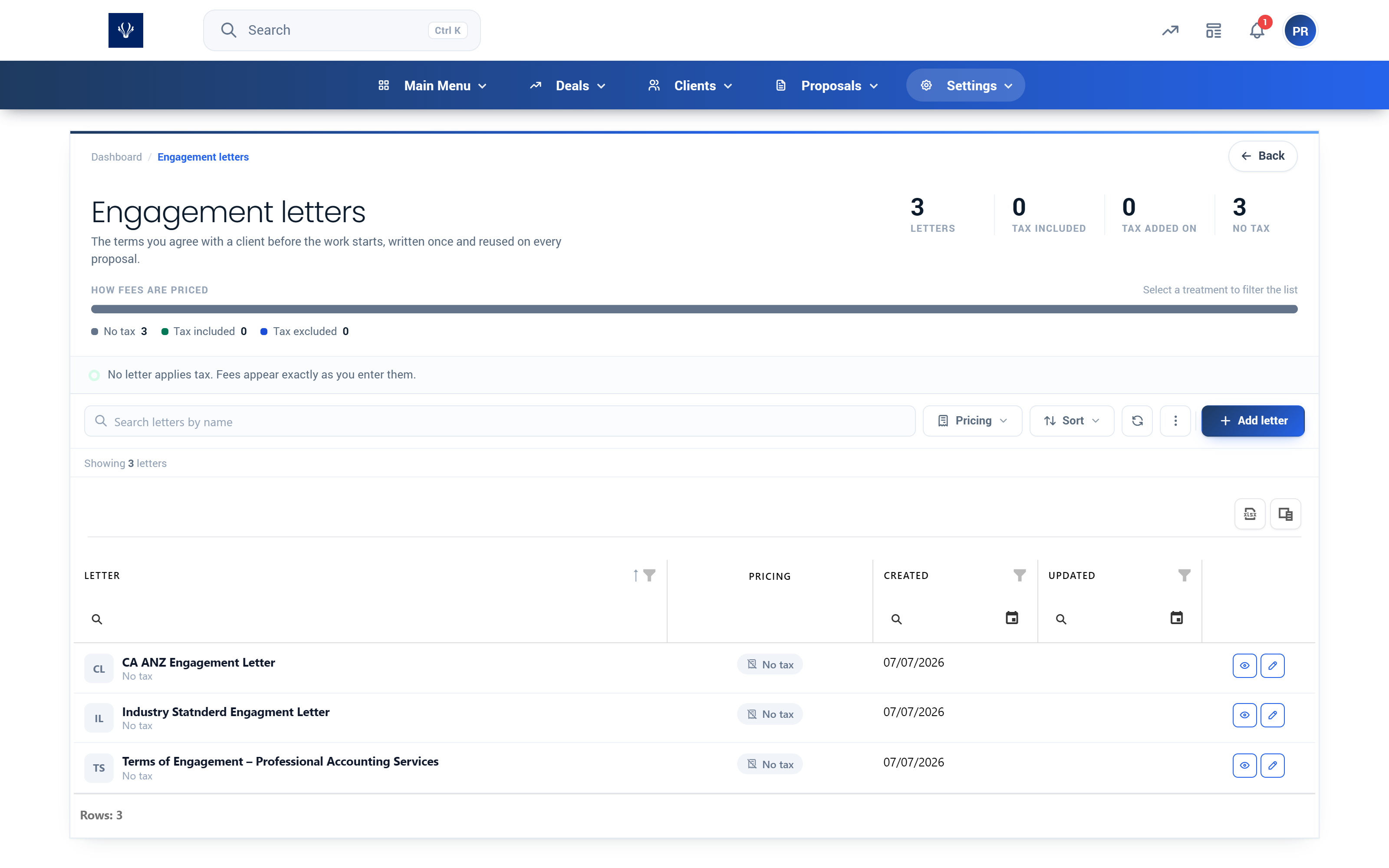 Proffa screenshot: 3.6.  Engagement Letters