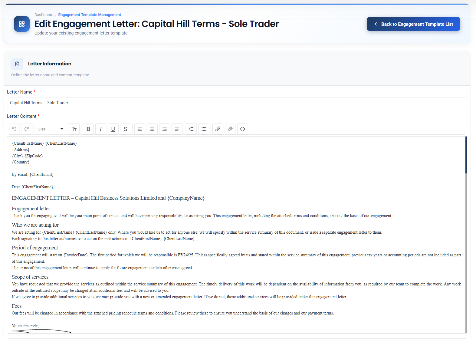 Proffa screenshot: 3.6.  Engagement Letters