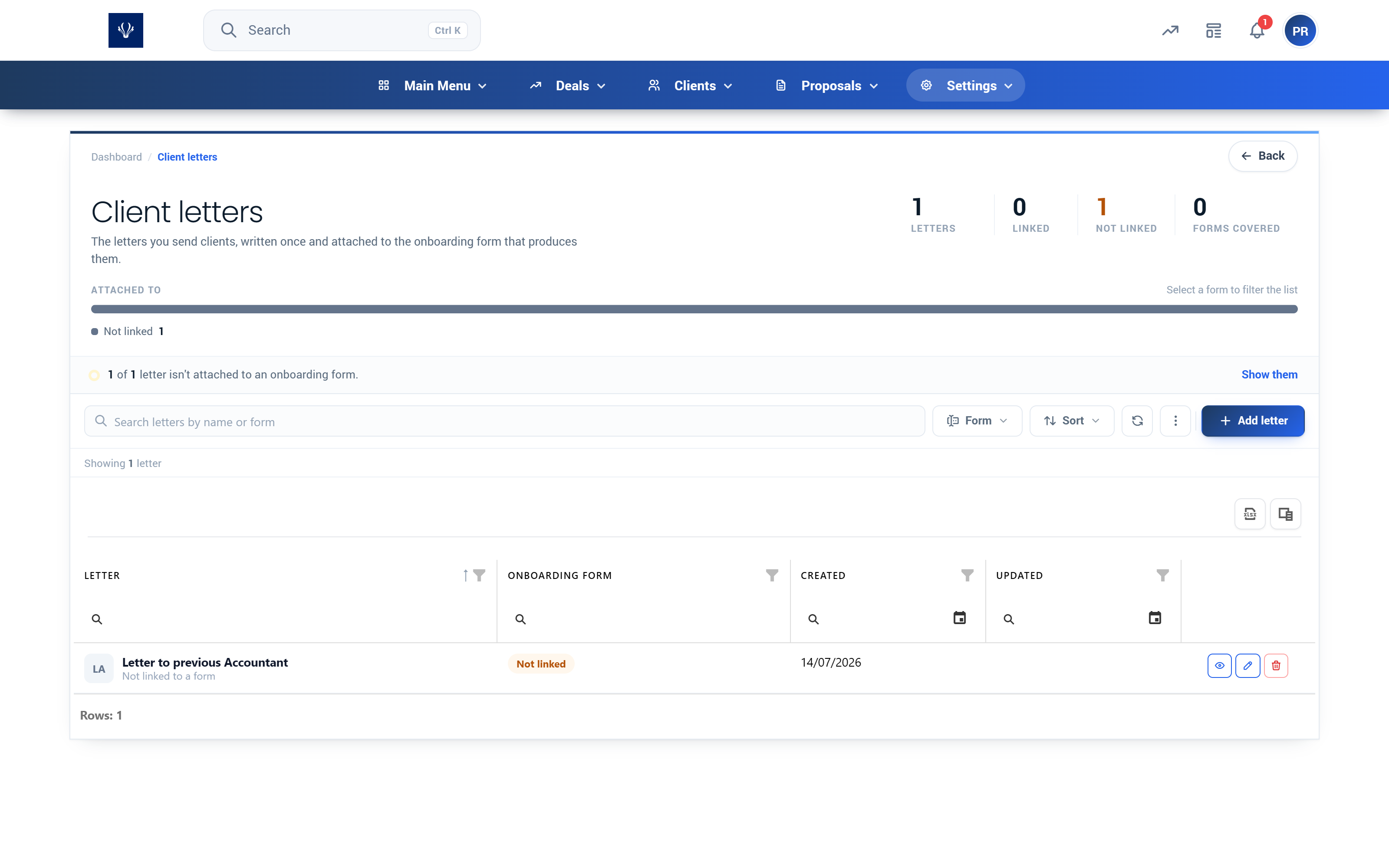 Proffa screenshot: 3.7.  Client Letters