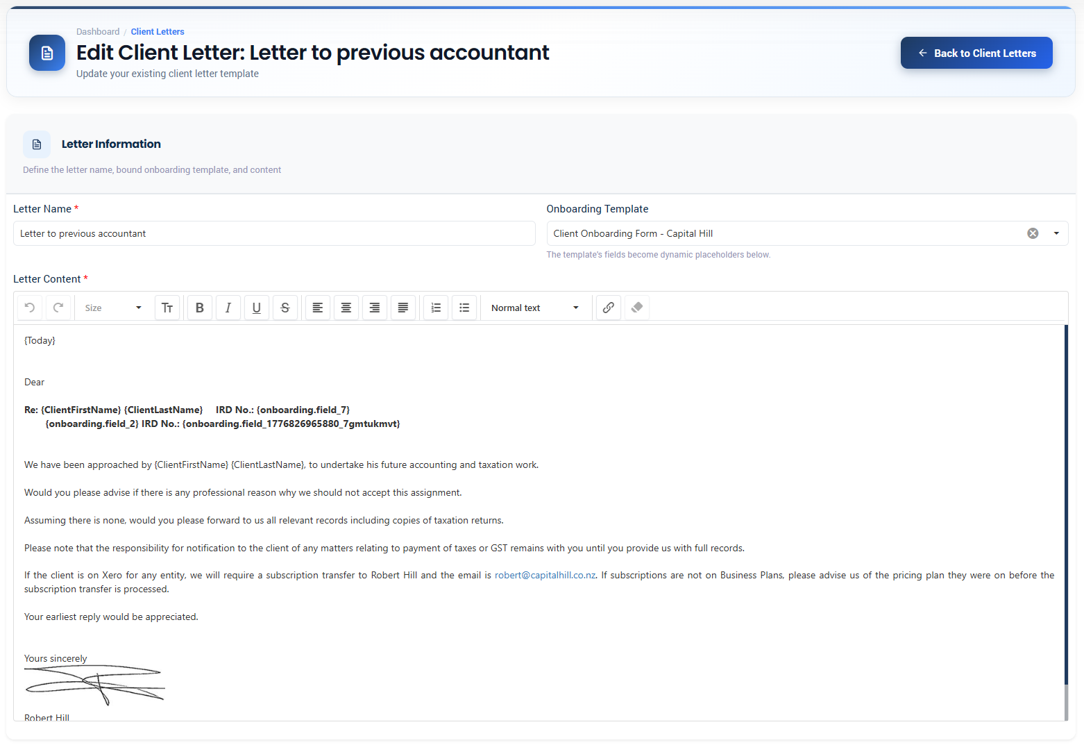 Proffa screenshot: 3.7.  Client Letters