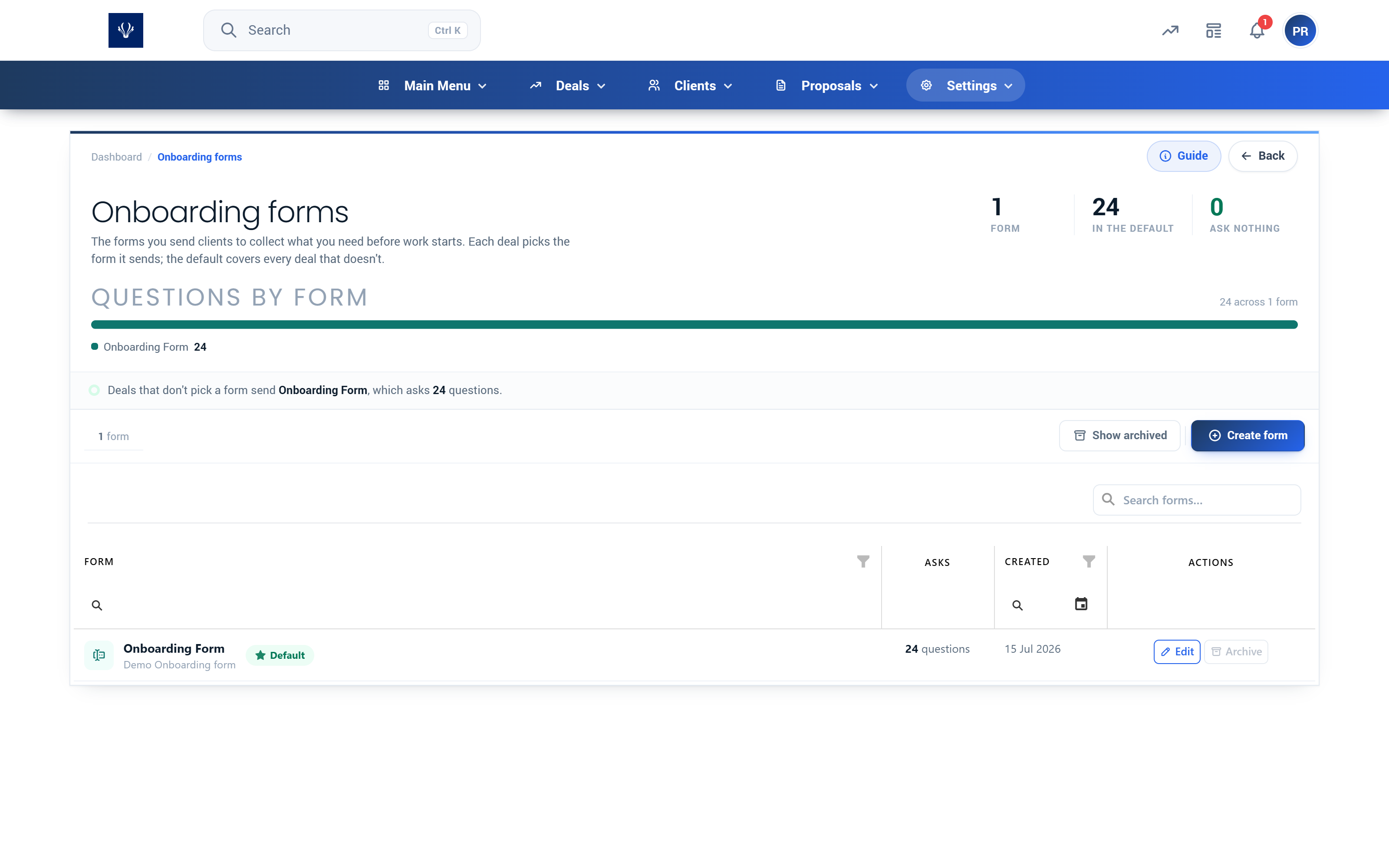 Proffa screenshot: 3.8.  Onboarding Template