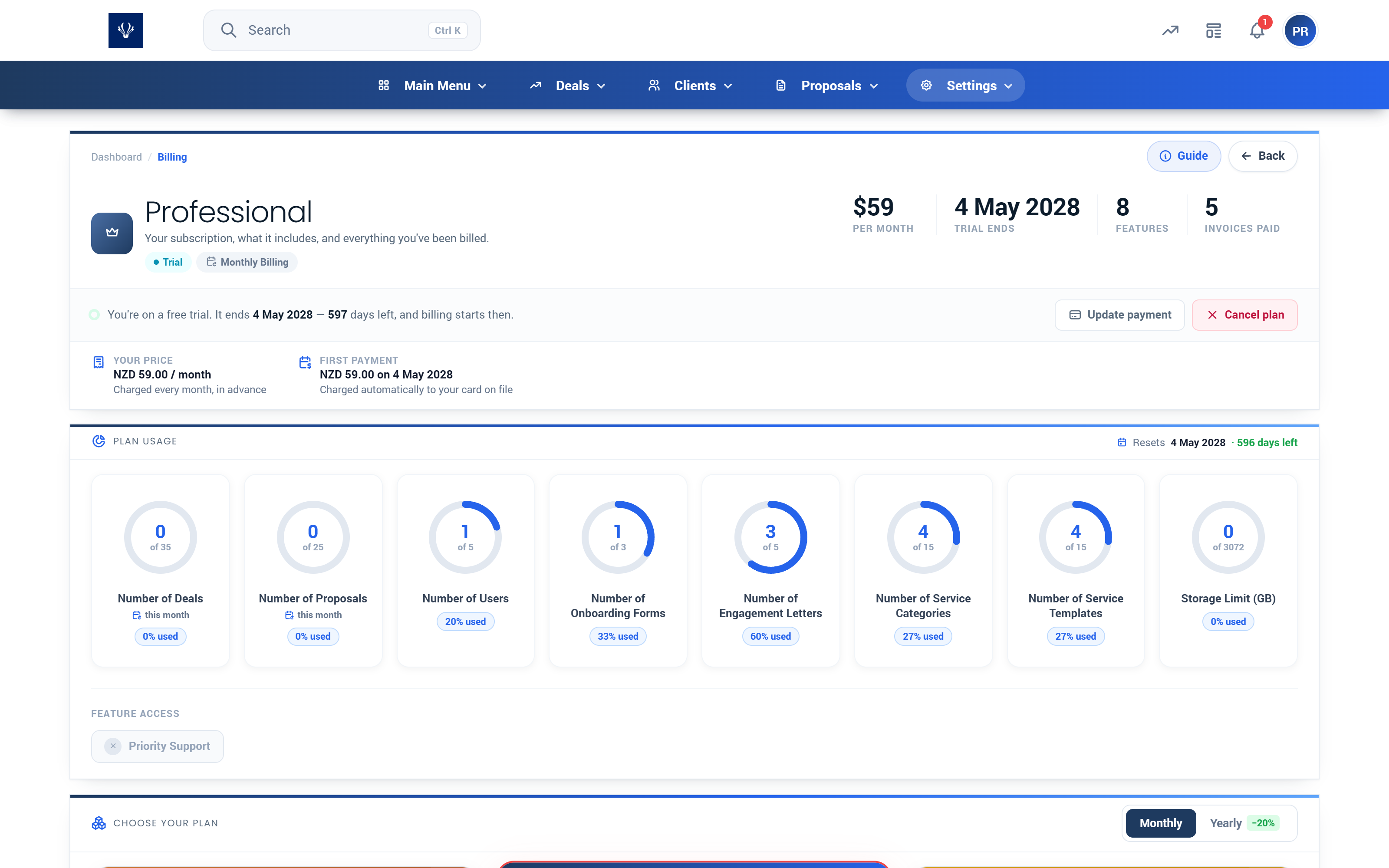 Proffa screenshot: 3.10.  Billing & Subscription