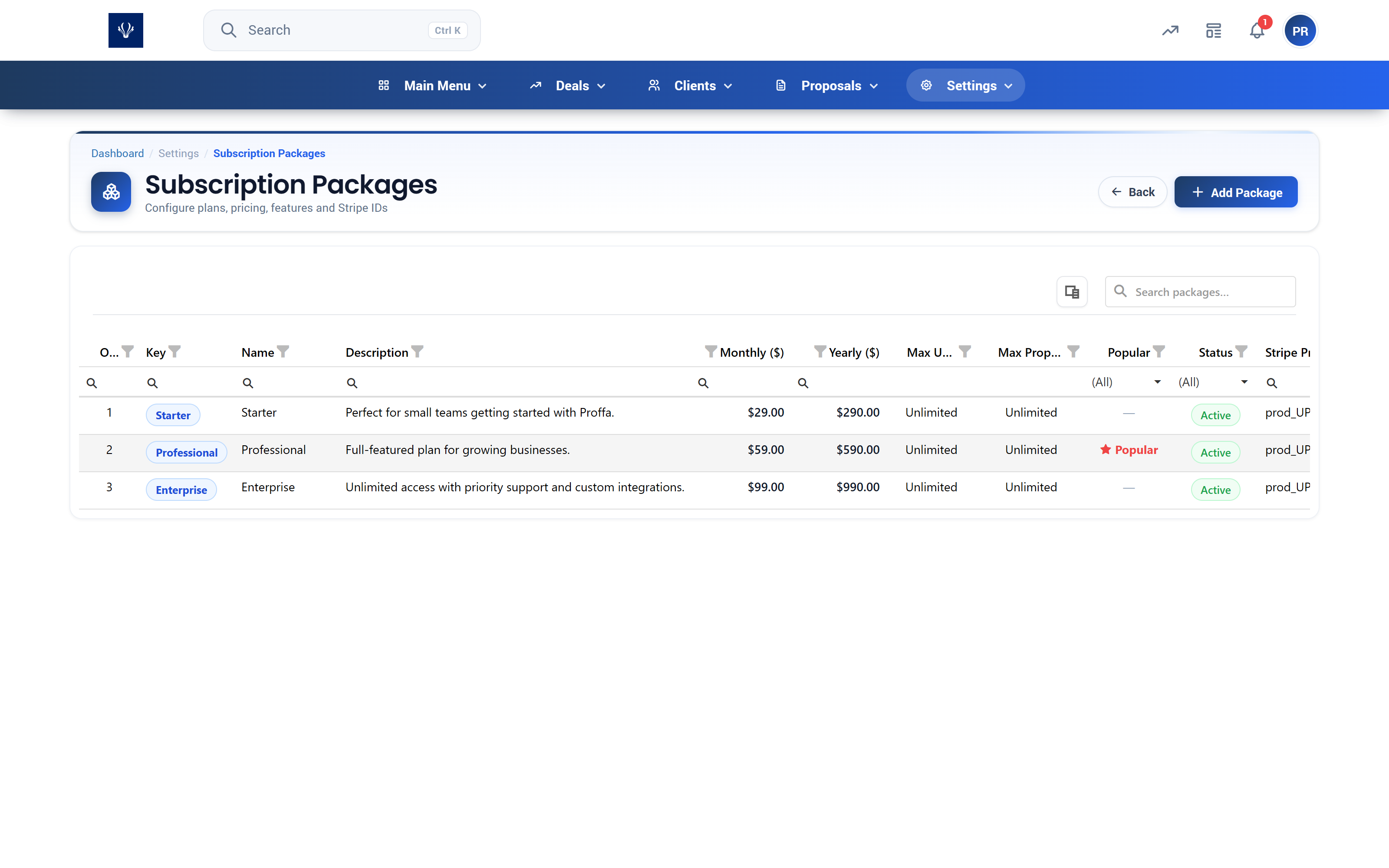 Proffa screenshot: 3.10.  Billing & Subscription