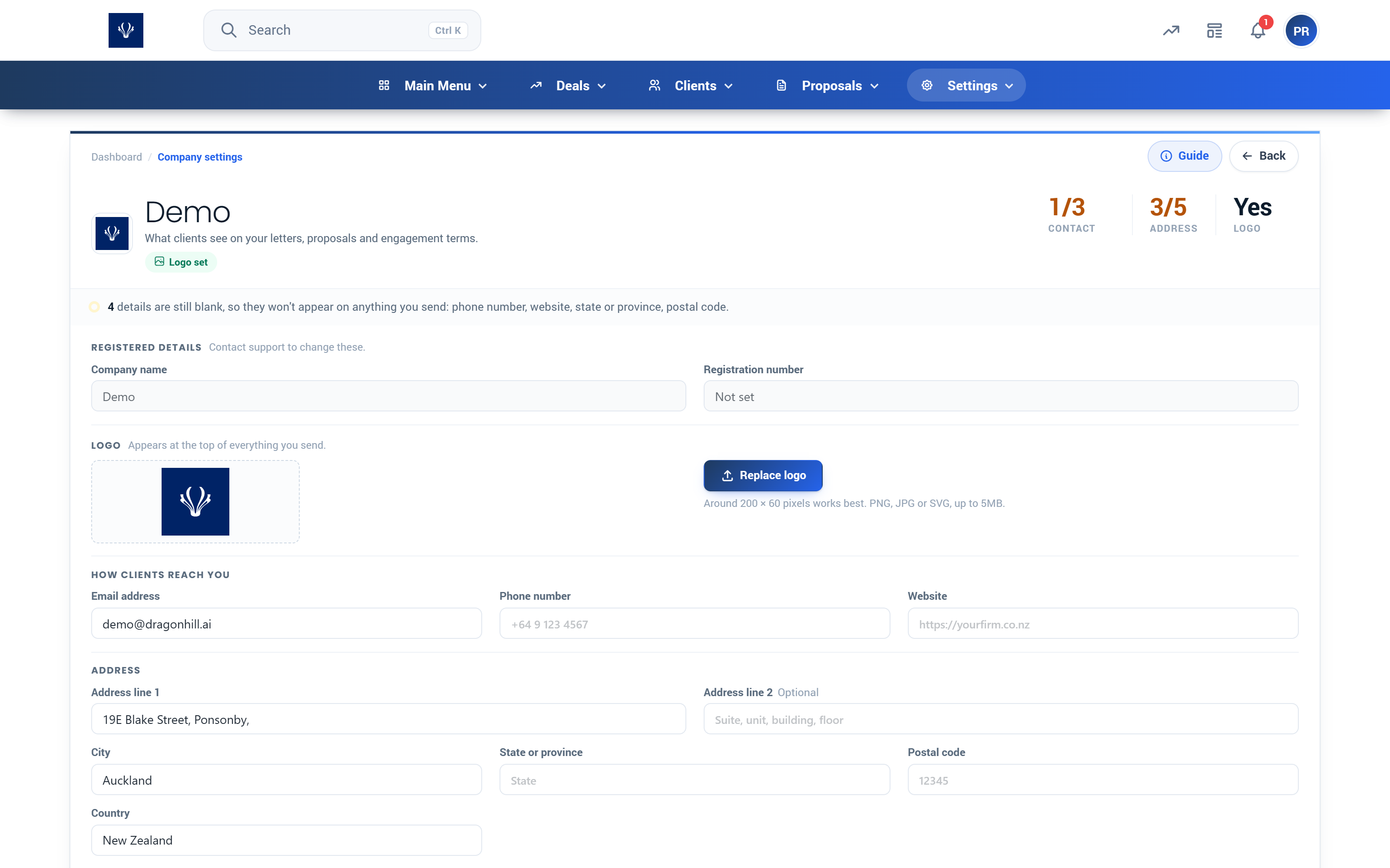 Proffa screenshot: 3.1.  Company Settings