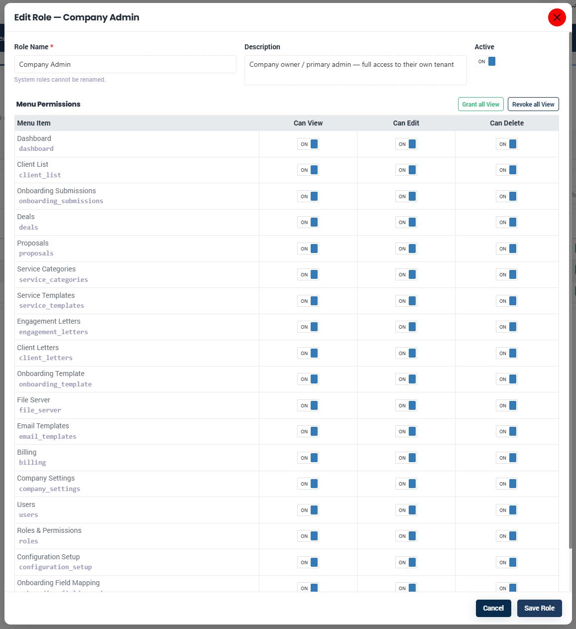 Proffa screenshot: 3.2.  Roles