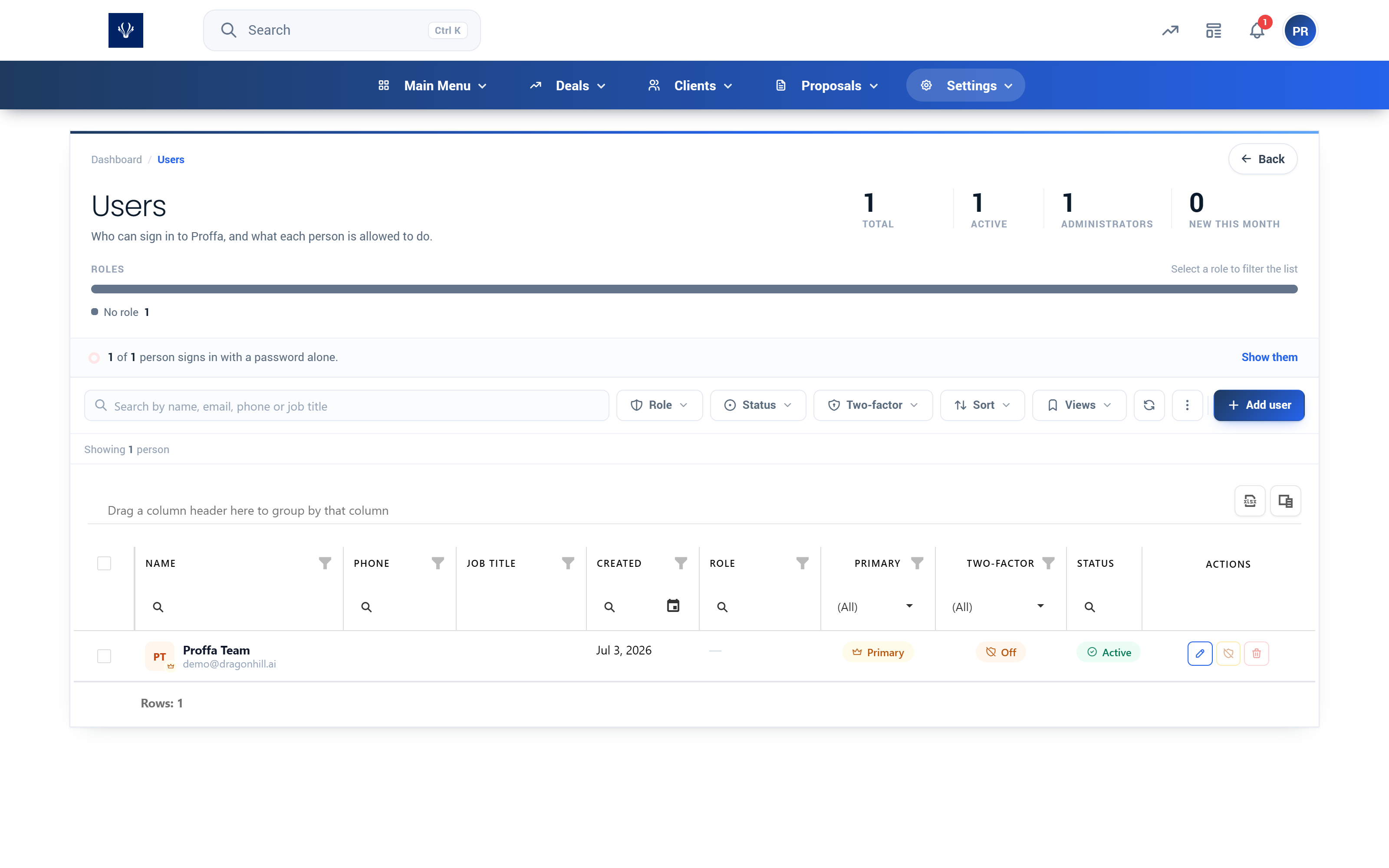 Proffa screenshot: 3.3.  Users