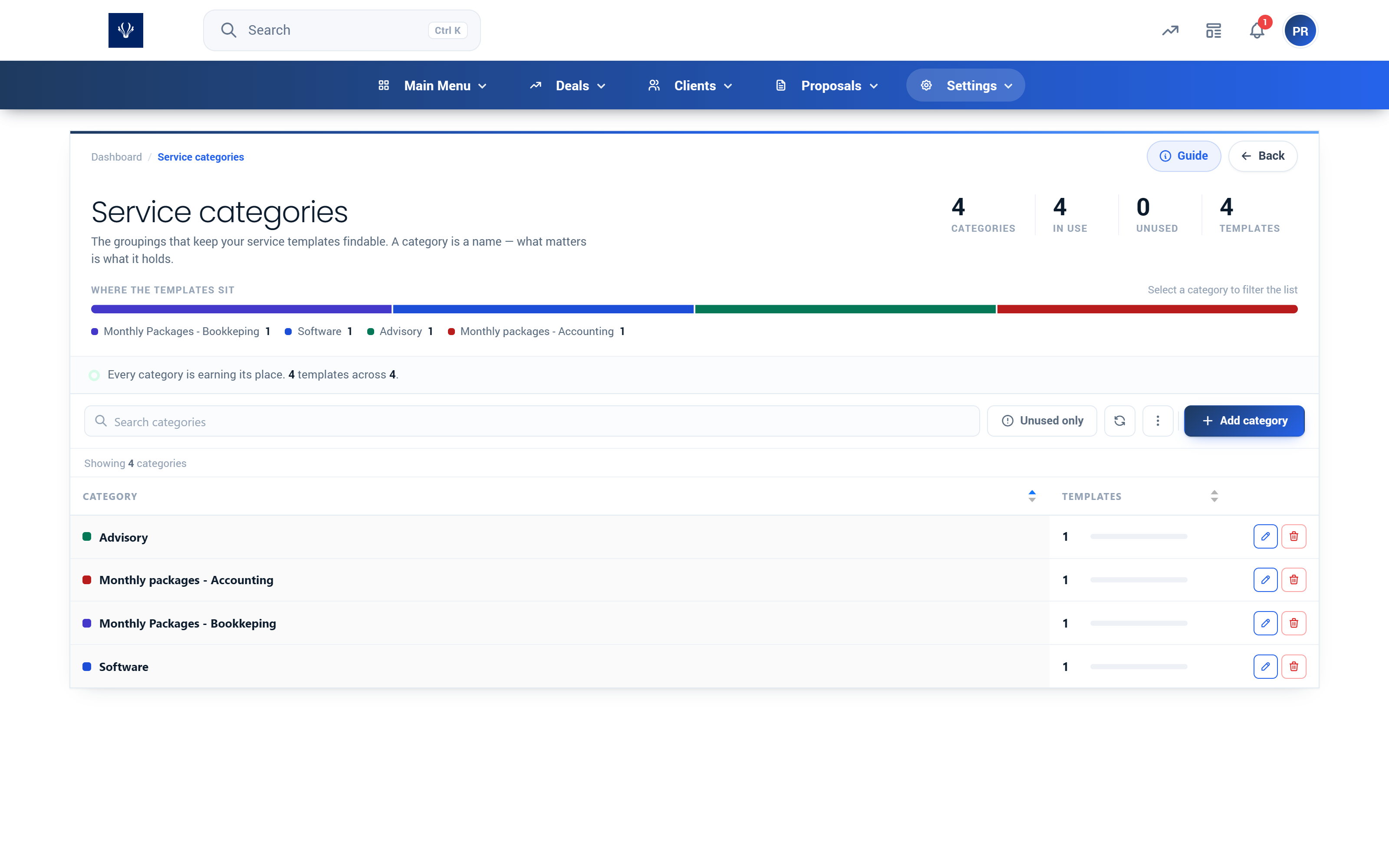 Proffa screenshot: 3.4.  Service Categories