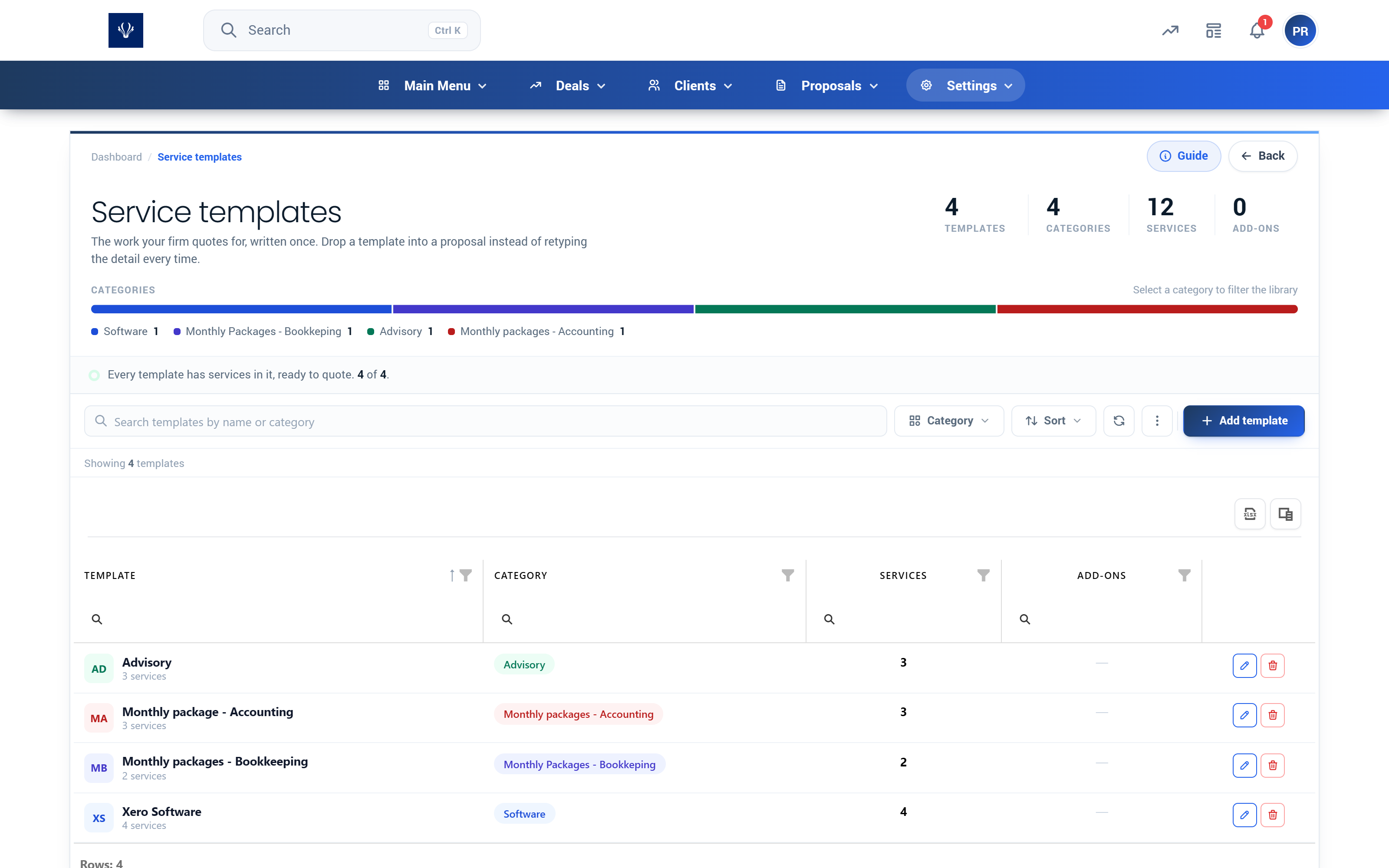 Proffa screenshot: 3.5.  Service Templates