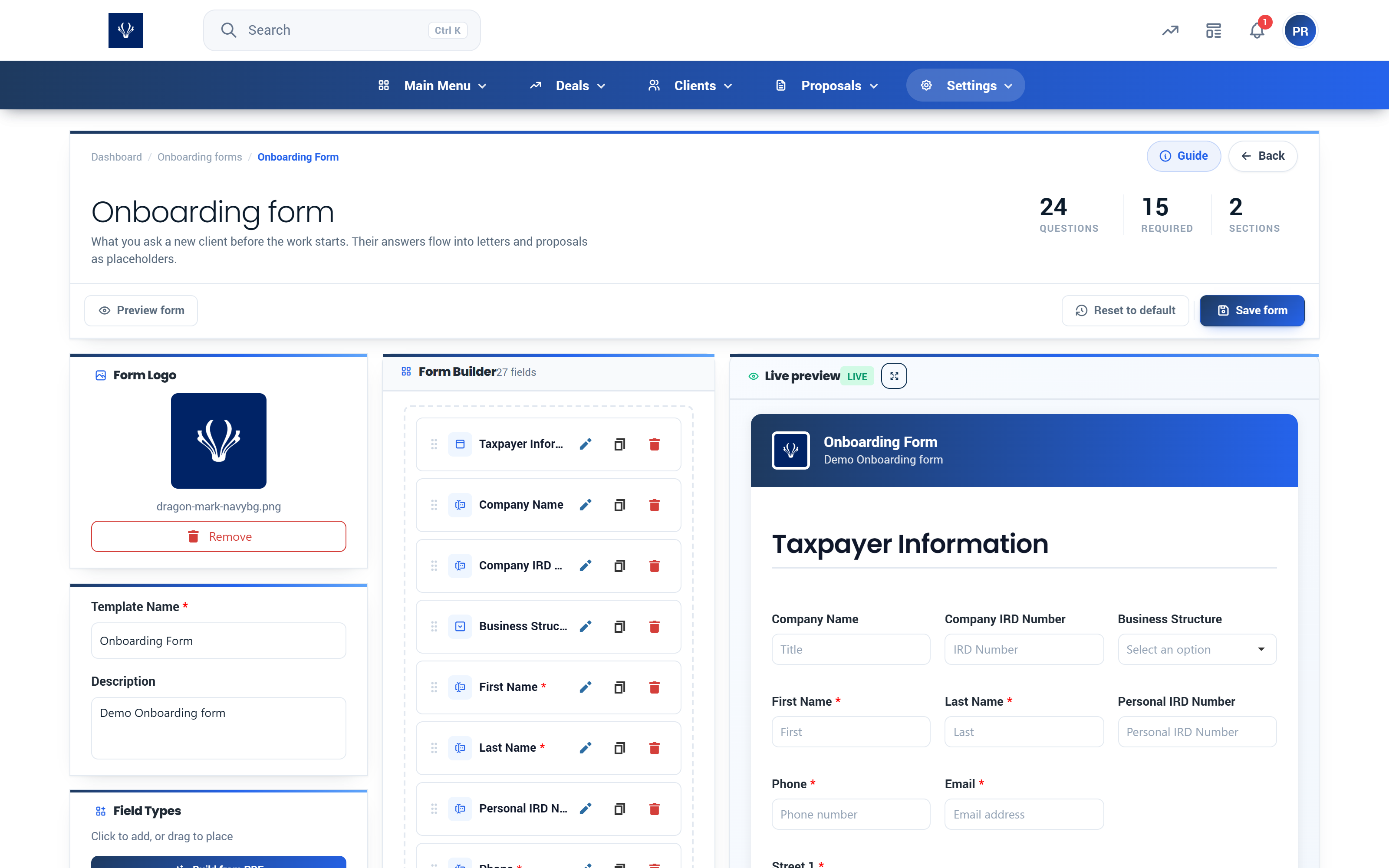 The Proffa onboarding form builder with drag-and-drop fields